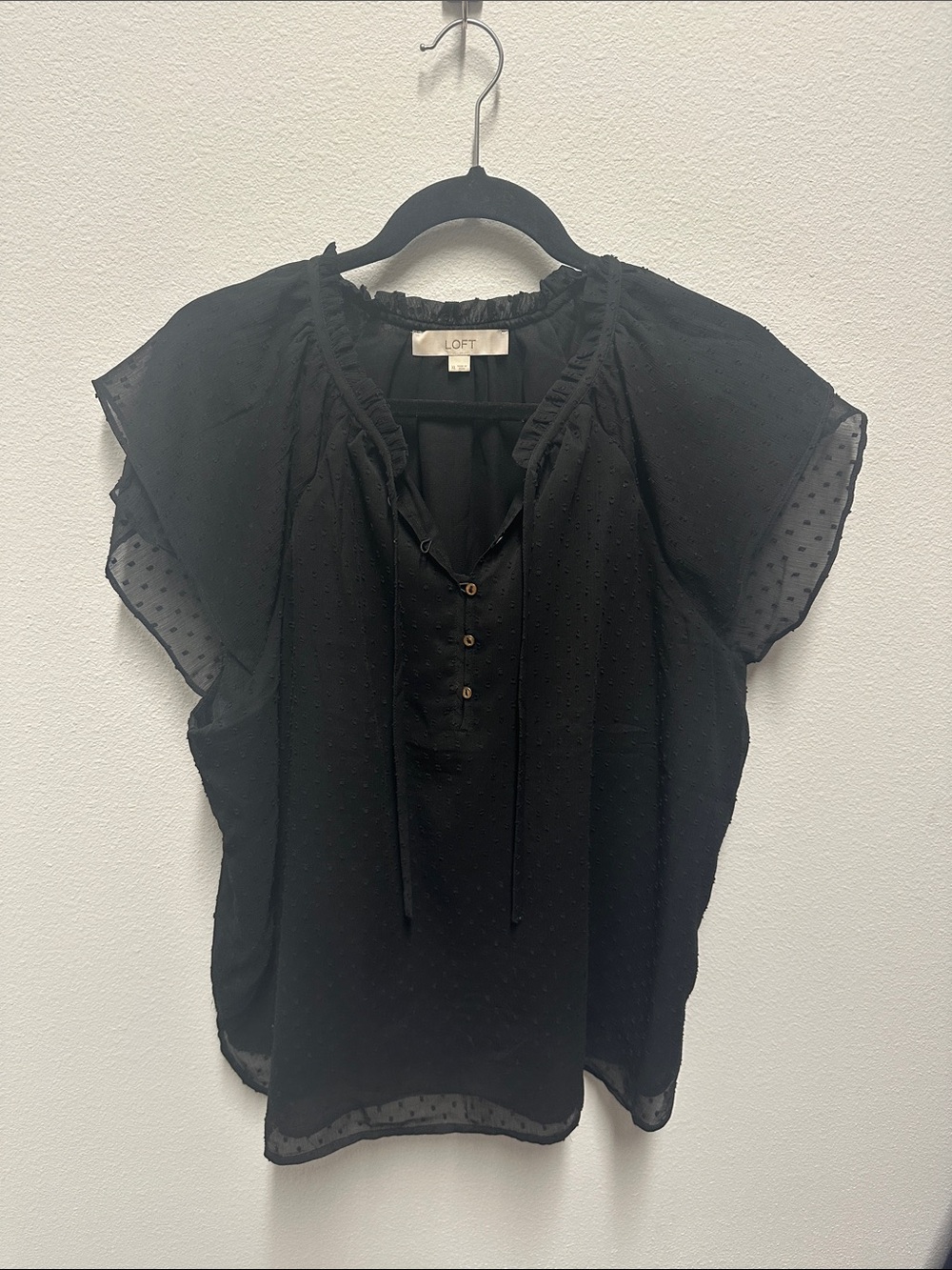 LOFT Black Sheer Swiss Dot Tie-Neck Blouse with lining - XL